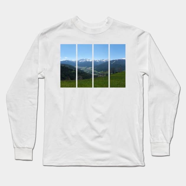 A great view of the Dolomites from a hill over the valley in South Tyrol. Lovely and relaxing place in the Italian Alps. Flowering fields and snowed mountains.. Sunny spring day. Long Sleeve T-Shirt by fabbroni-art